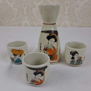 Sake Set Carafe with 3 Cups Geisha Red Trim Made in Japan Ceramic Gifts